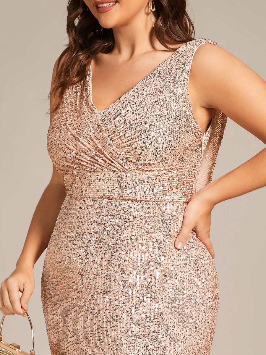 Größe Nach Maß Ärmelloses figurbetontes Pailletten-Abendkleid mit V-Ausschnitt EE01595
