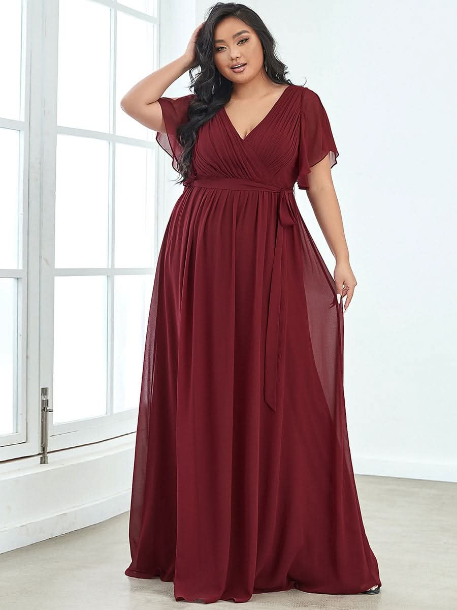 V-Ausschnitt kurze Ärmel Bodenlaenge A-Linie Chiffon Abendkleider #Farbe_Burgundy