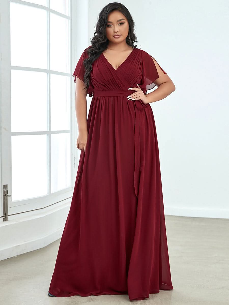 Plus Size V-Ausschnitt Bodenlaenge A-Line Brautjungfernkleider #farbe_Burgundy