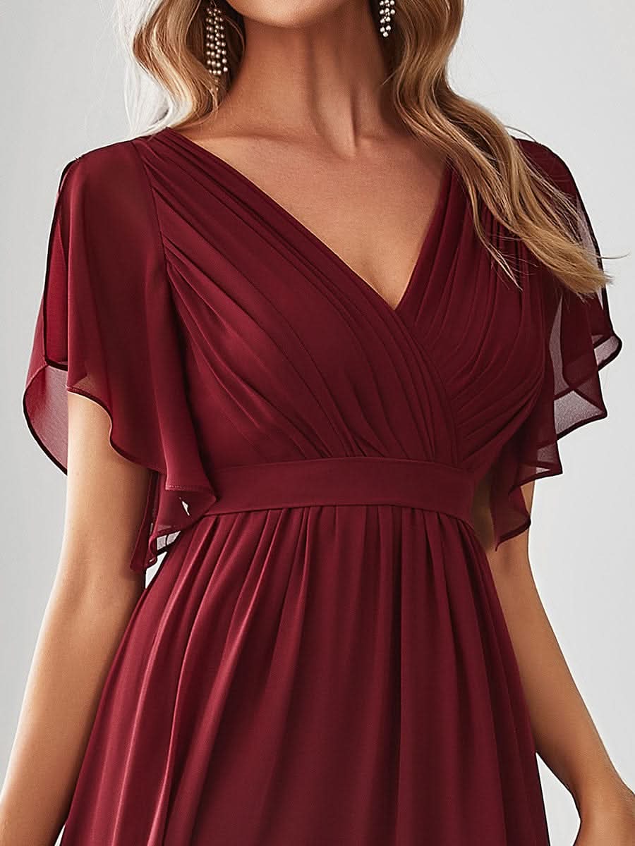 V-Ausschnitt kurze Ärmel Bodenlaenge A-Linie Chiffon Abendkleider #Farbe_Burgundy