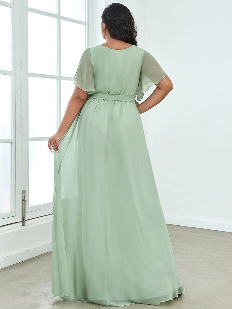 Plus Size A-Linie chiffon V-Ausschnitt Kurze Ärmel Abendkleider #farbe_Mint Gruen