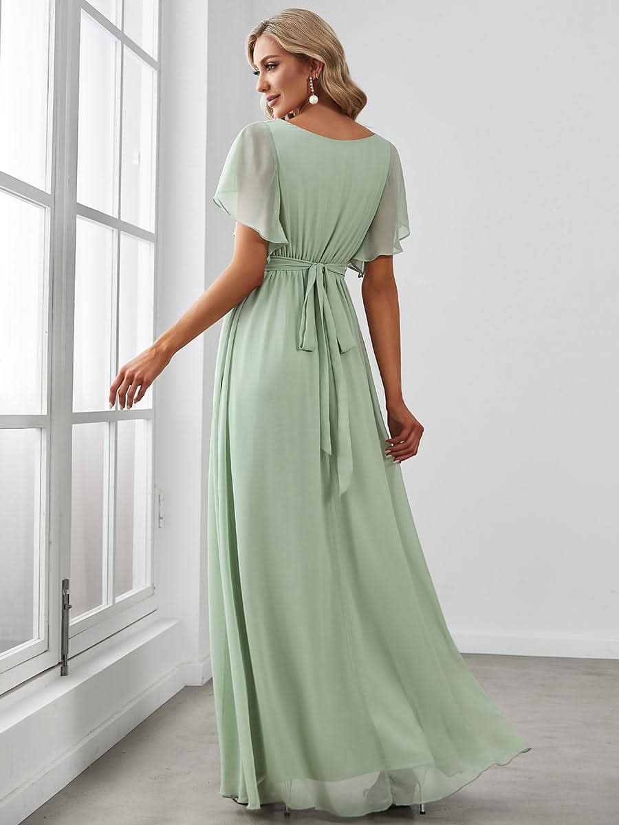 V-Ausschnitt kurze Ärmel Bodenlaenge A-Linie Chiffon Abendkleider #Farbe_Mint Gruen