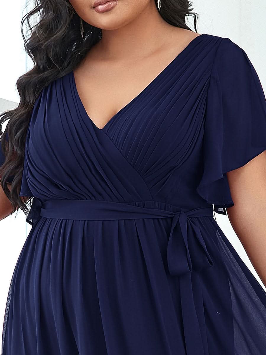 Plus Size V-Ausschnitt Bodenlaenge A-Line Hochzeitsgast Kleider #farbe_Navy Blau