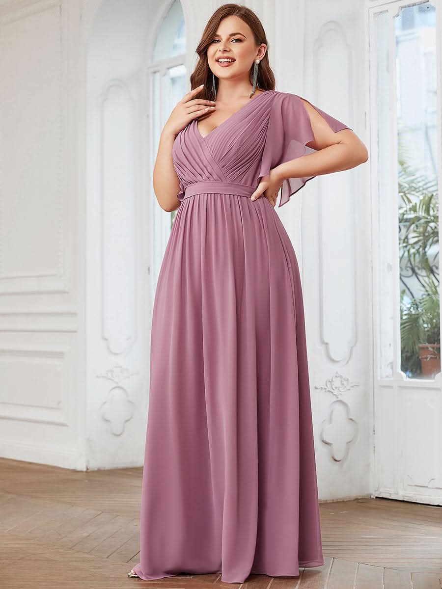 Plus Size A-Linie chiffon V-Ausschnitt Kurze Ärmel Abendkleider #farbe_Orchid
