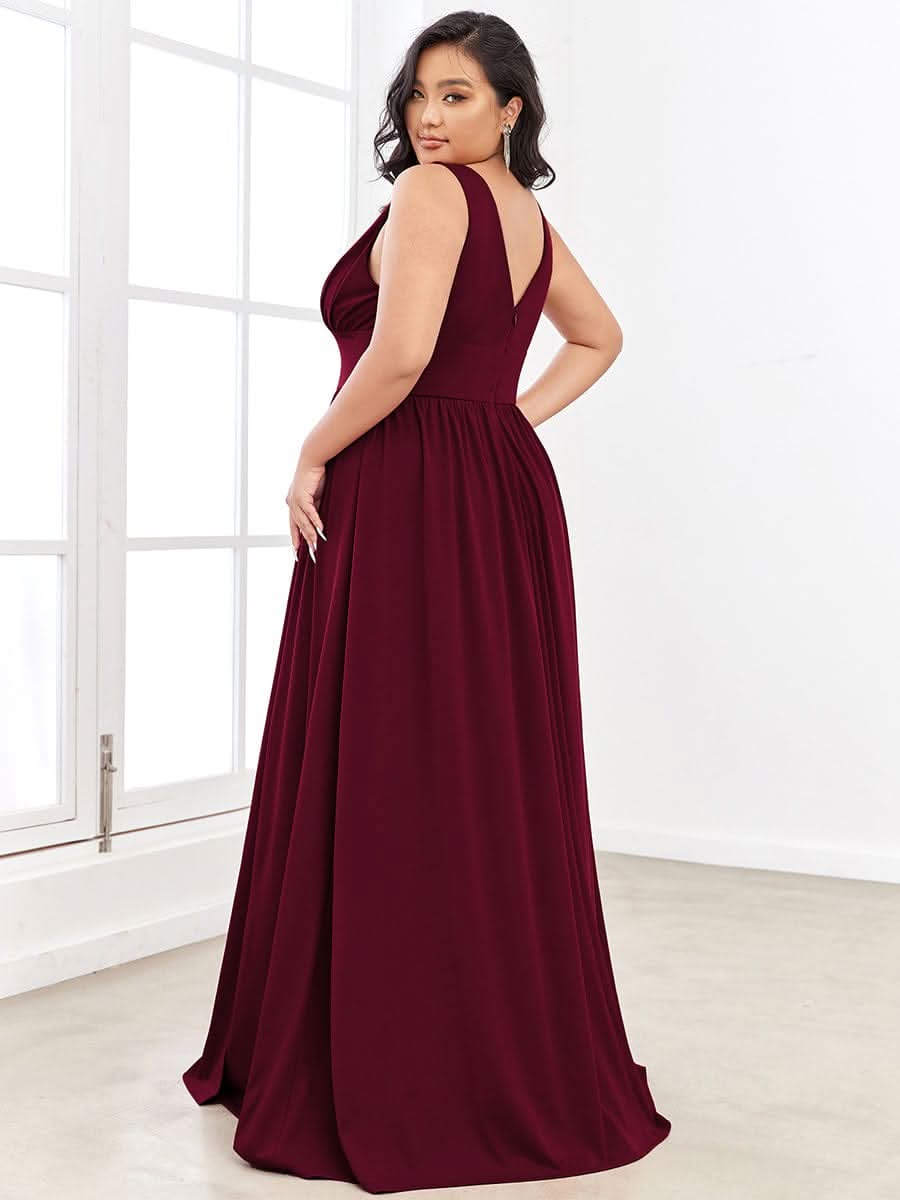 Plus Size Chiffon Spitzenkleider Sleeveless V-Ausschnitt Abendkleider #farbe_Burgundy