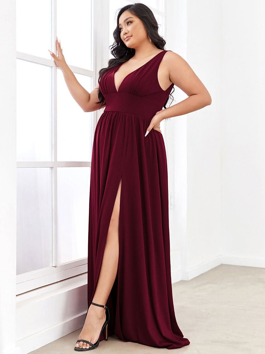 Plus Size Chiffon Spitzenkleider Sleeveless V-Ausschnitt Abendkleider #farbe_Burgundy