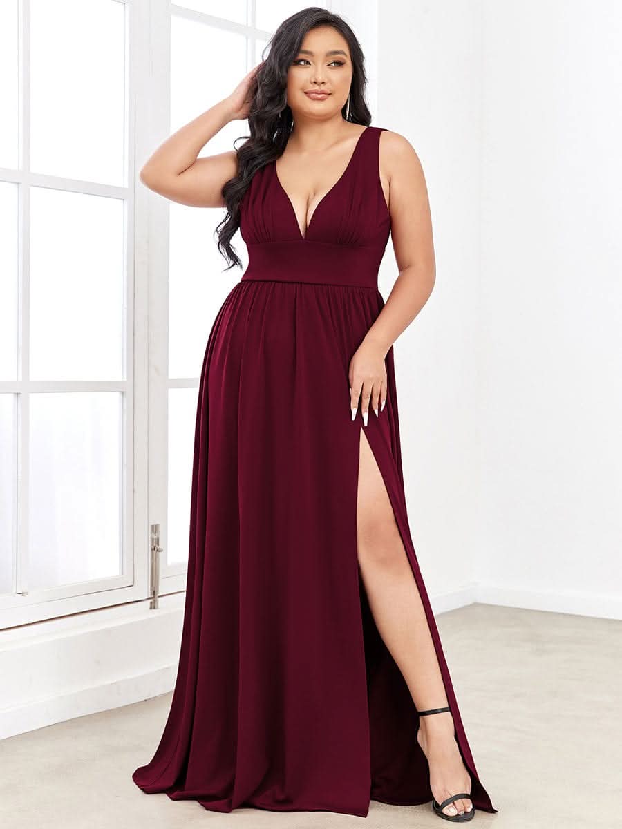 V-Ausschnitt A-Linie Lang Ballkleid mit Schlitz #farbe_Burgundy