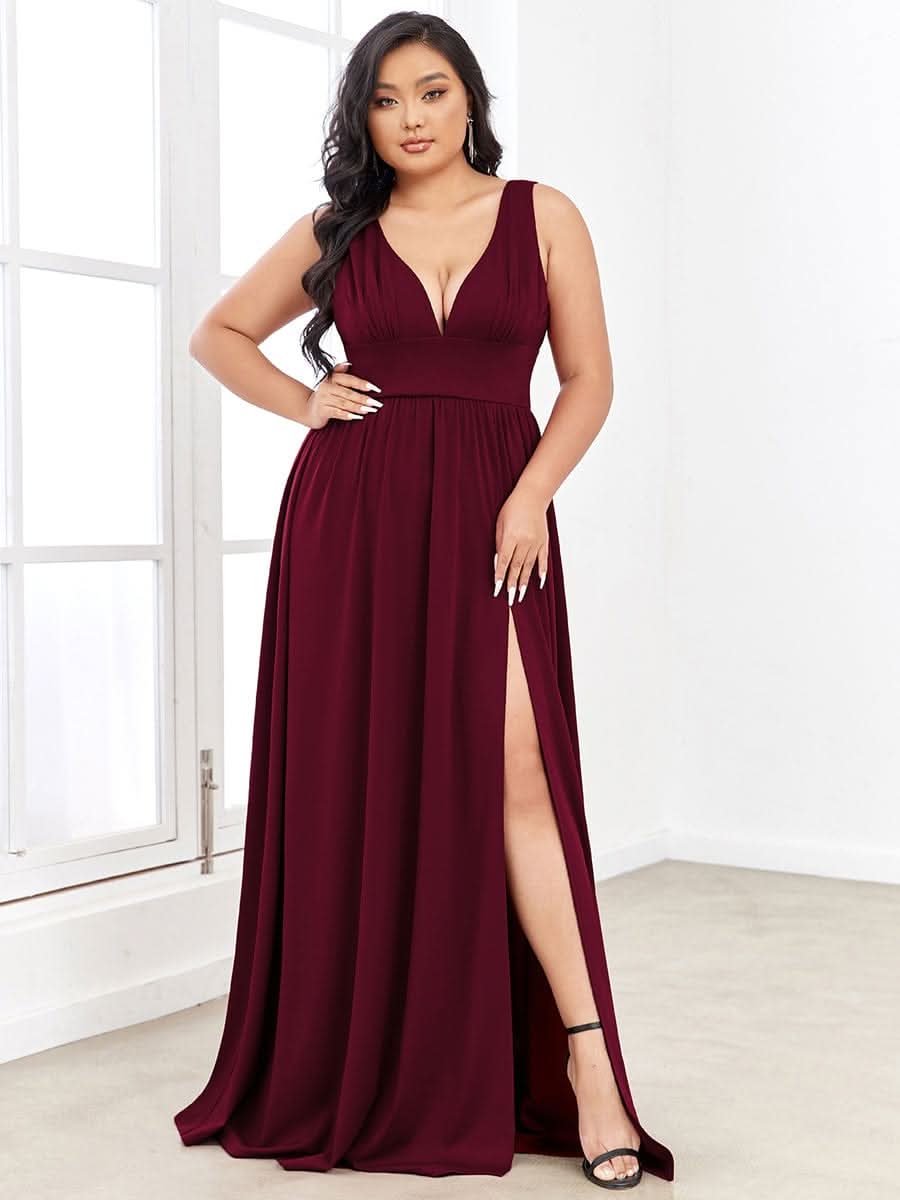 Plus Size Chiffon Spitzenkleider Sleeveless V-Ausschnitt Abendkleider #farbe_Burgundy