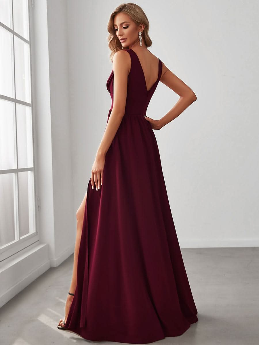 Doppelter V-Ausschnitt A-Linie Lang Ballkleid mit Schlitz Ballkleider #farbe_Burgundy
