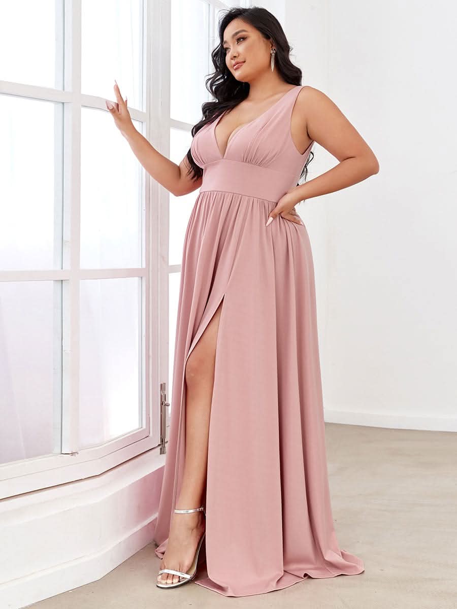 V-Ausschnitt A-Linie Lang Ballkleid mit Schlitz #farbe_Dusty Rose