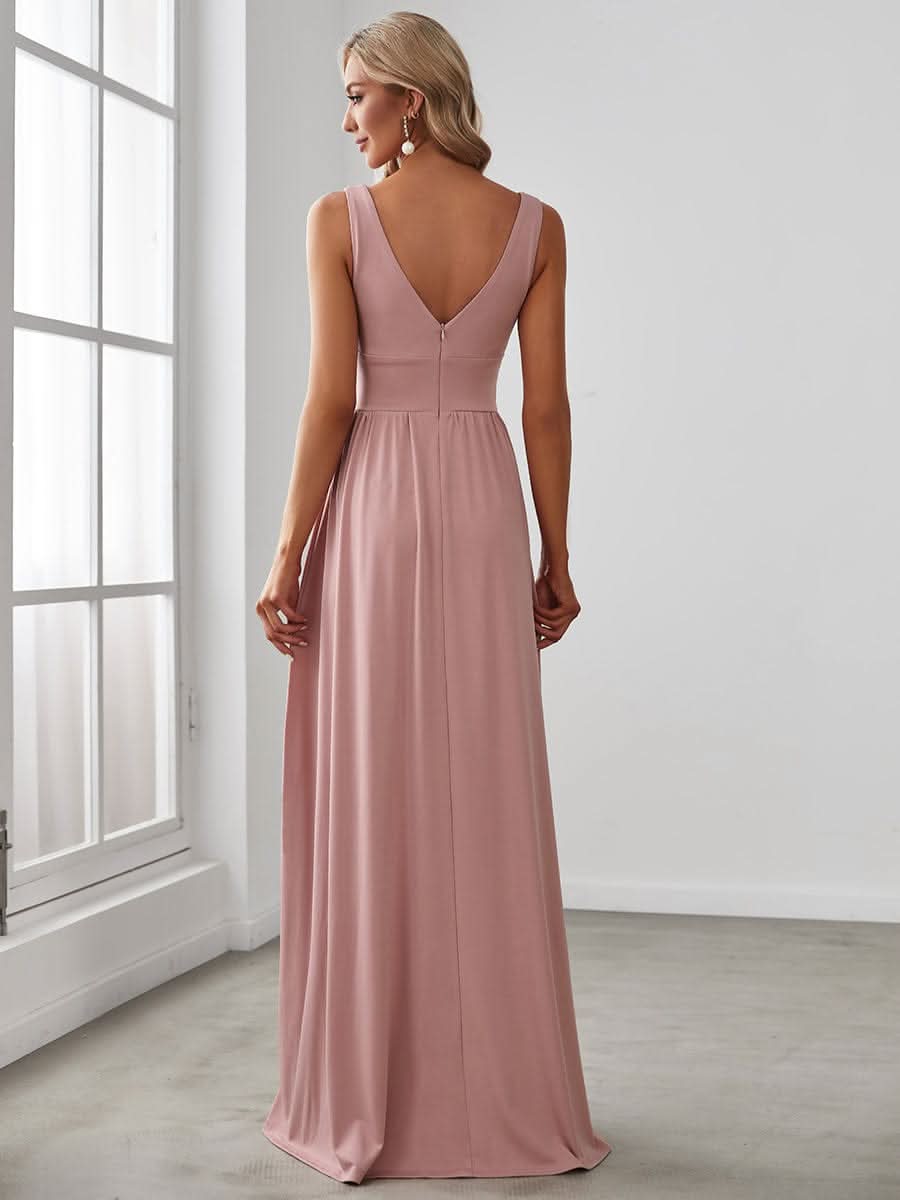 V-Ausschnitt Bodenlaenge Sleeveless Abendkleider #farbe_Dusty Rose