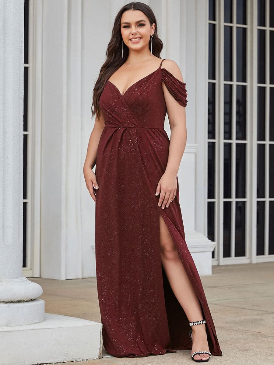 Größe Nach Maß V Neck Pailletten Kalte Schulter Split Plus Size Abendkleid 50088