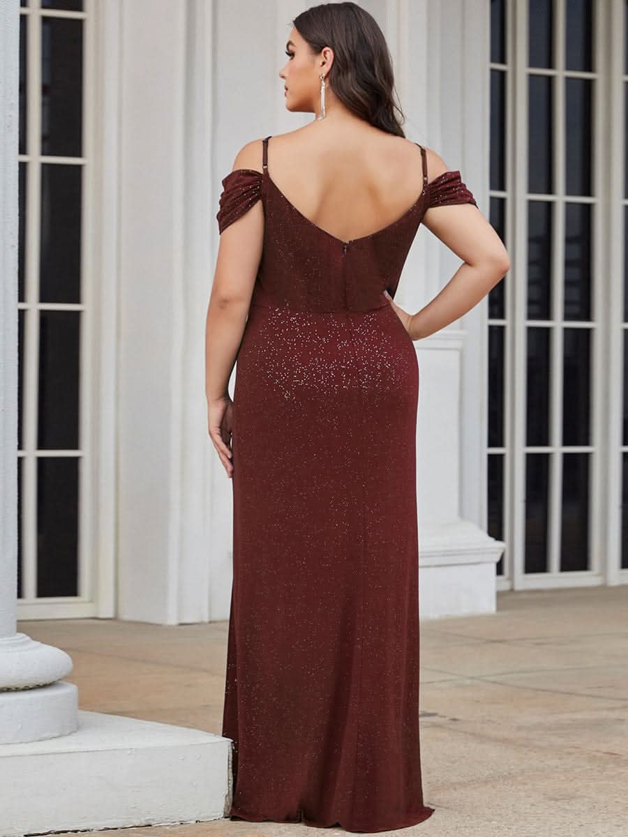 Größe Nach Maß V Neck Pailletten Kalte Schulter Split Plus Size Abendkleid 50088