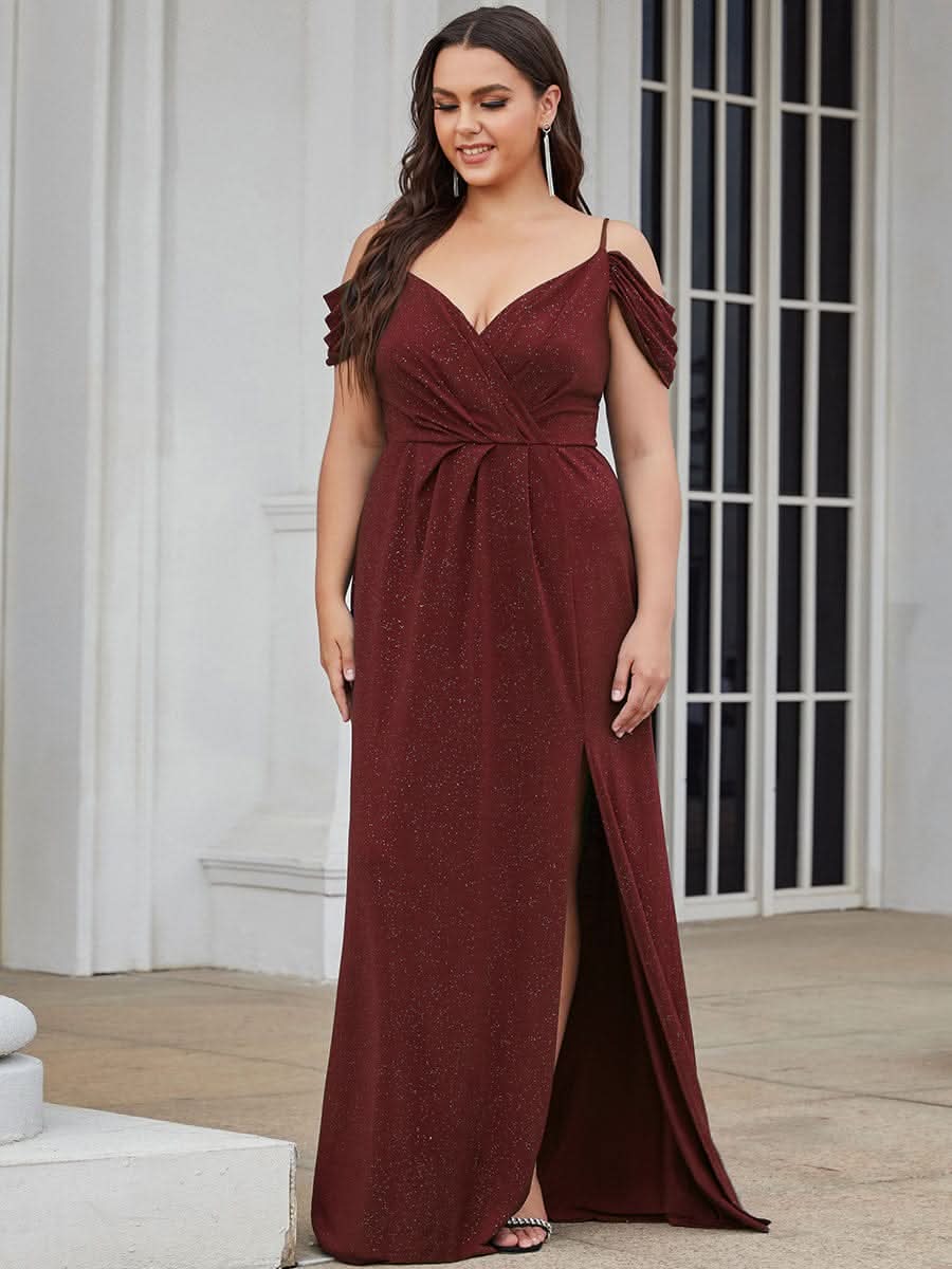 Größe Nach Maß V Neck Pailletten Kalte Schulter Split Plus Size Abendkleid 50088