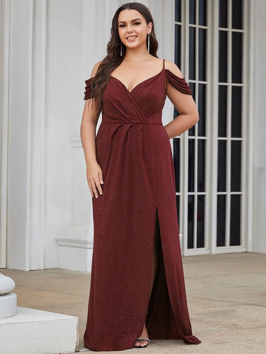 Größe Nach Maß V Neck Pailletten Kalte Schulter Split Plus Size Abendkleid 50088
