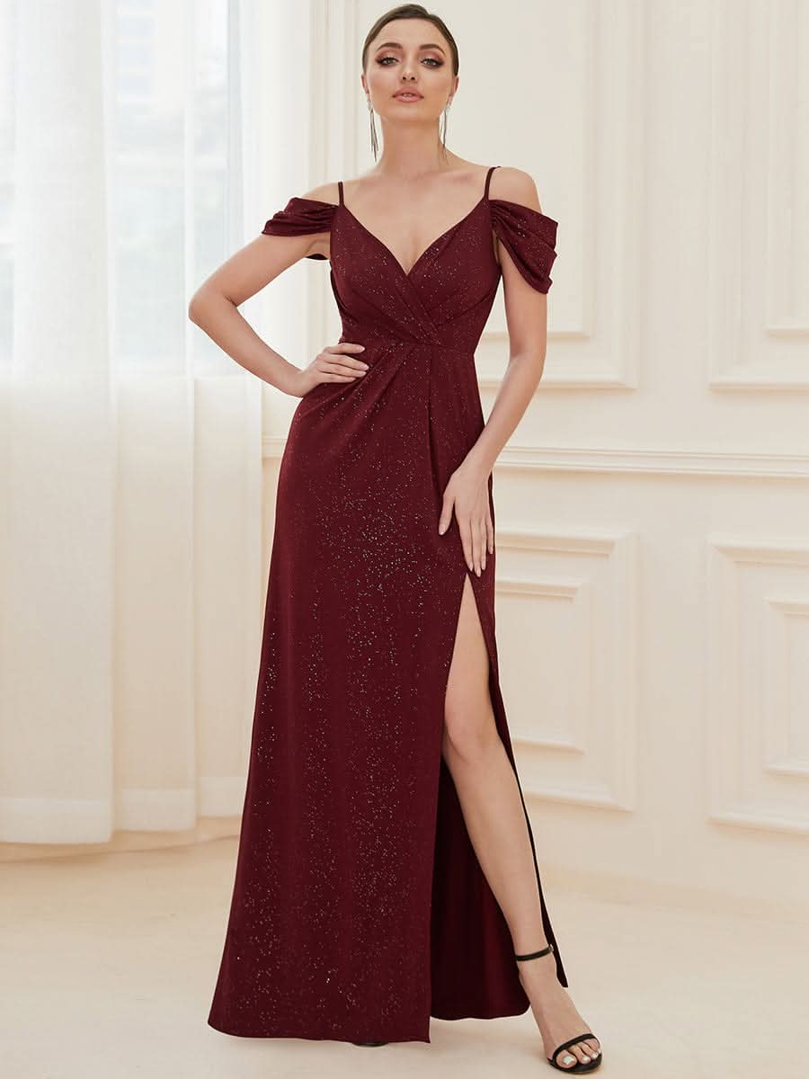 Größe Nach Maß V Neck Pailletten Kalte Schulter Split Plus Size Abendkleid 50088