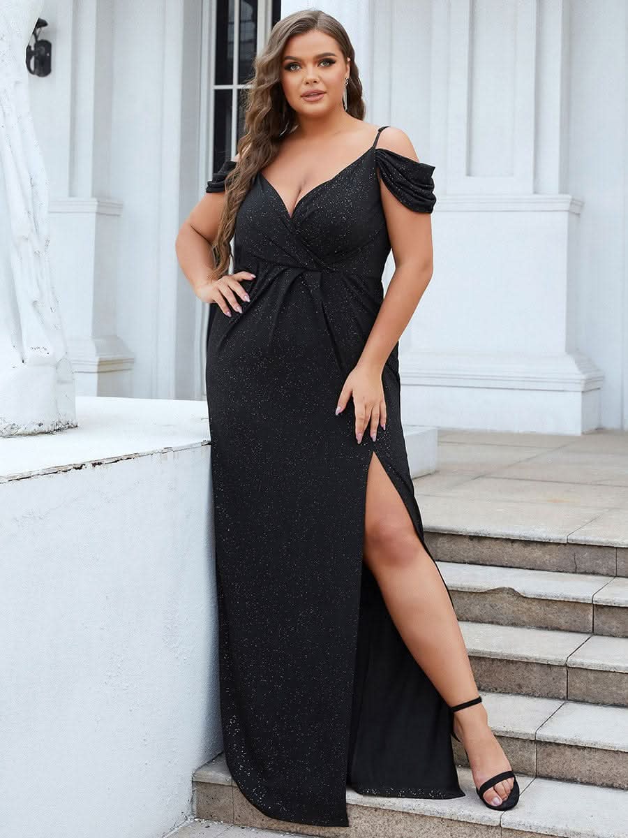Größe Nach Maß V Neck Pailletten Kalte Schulter Split Plus Size Abendkleid 50088