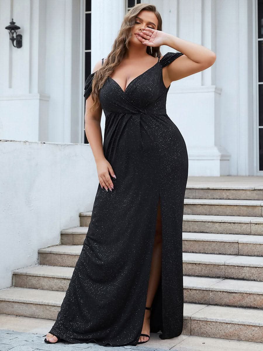 Größe Nach Maß V Neck Pailletten Kalte Schulter Split Plus Size Abendkleid 50088