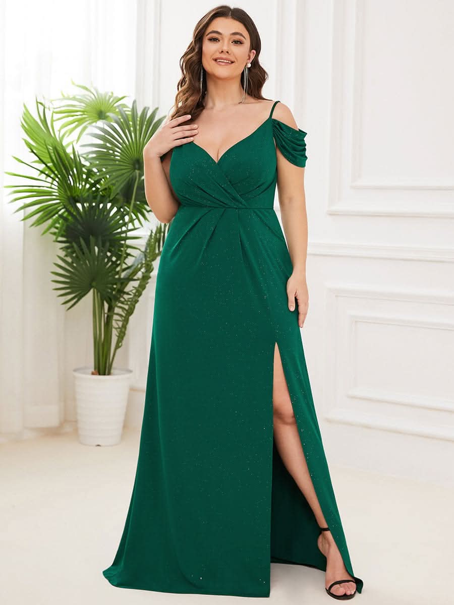 Größe Nach Maß V Neck Pailletten Kalte Schulter Split Plus Size Abendkleid 50088