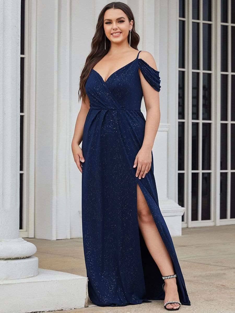 Größe Nach Maß V Neck Pailletten Kalte Schulter Split Plus Size Abendkleid 50088