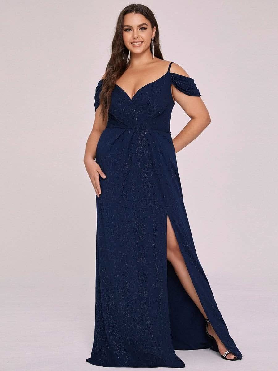 Größe Nach Maß V Neck Pailletten Kalte Schulter Split Plus Size Abendkleid 50088