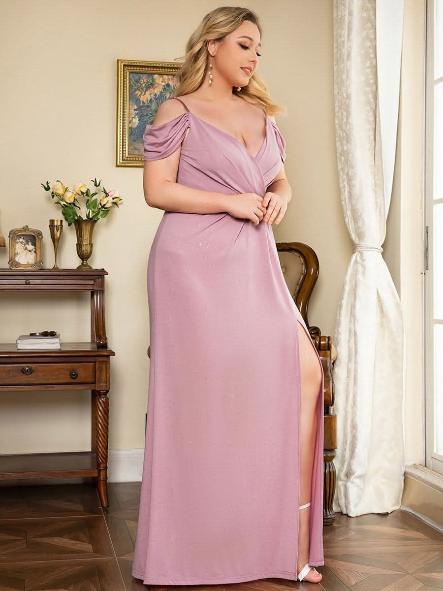 Größe Nach Maß V Neck Pailletten Kalte Schulter Split Plus Size Abendkleid 50088