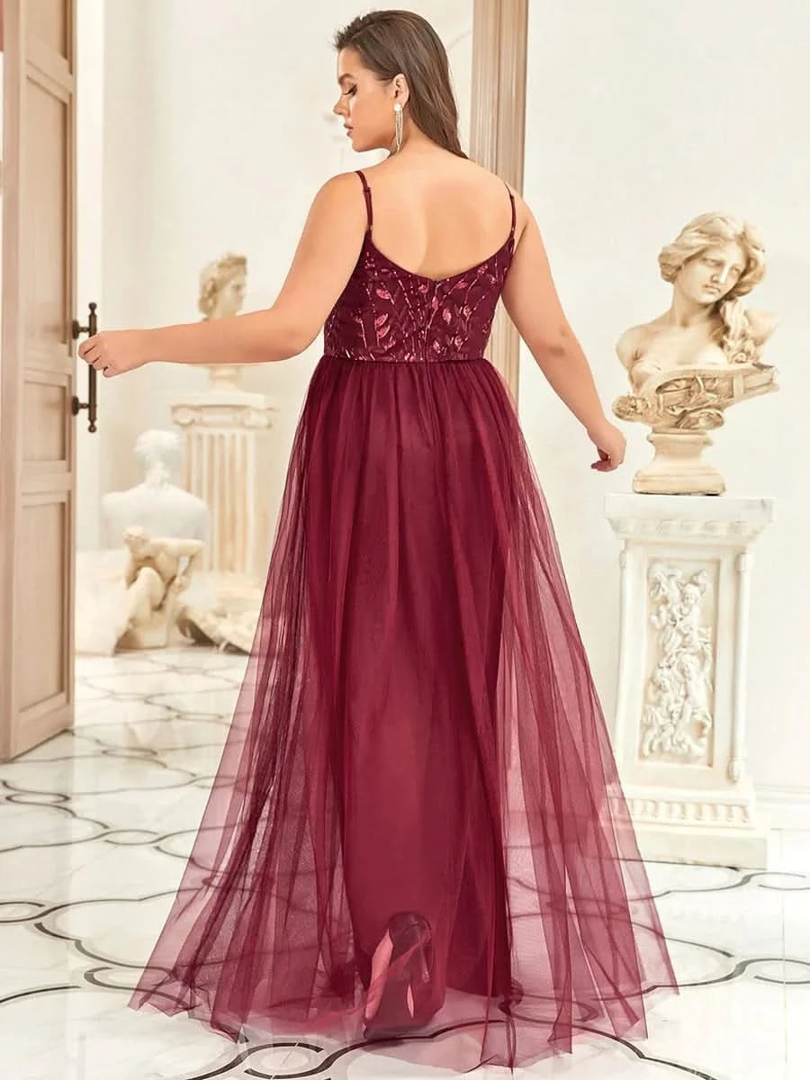 Größe Nach Maß Atemberaubendes Spaghetti-Träger V-Ausschnitt besticktes bodenlanges Abendkleid 50090