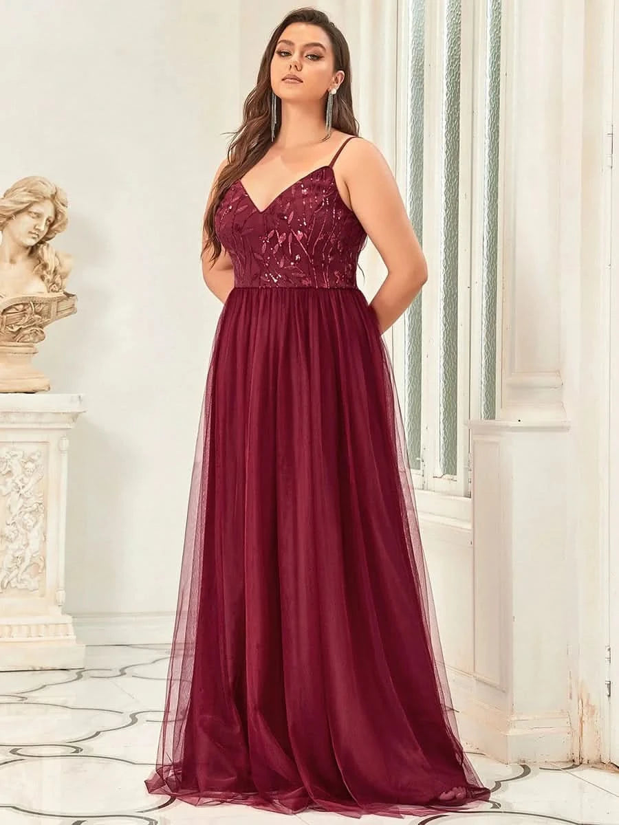 Größe Nach Maß Atemberaubendes Spaghetti-Träger V-Ausschnitt besticktes bodenlanges Abendkleid 50090