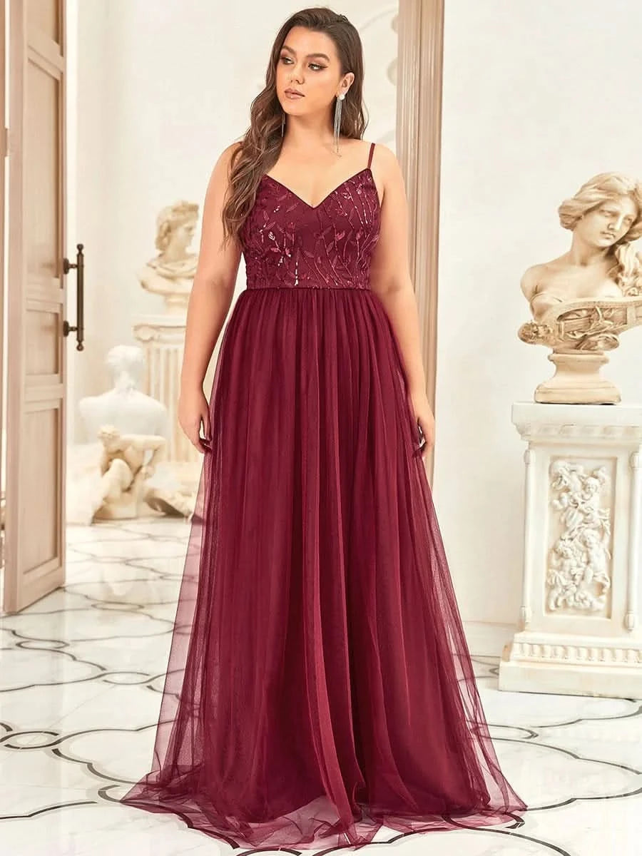 Größe Nach Maß Atemberaubendes Spaghetti-Träger V-Ausschnitt besticktes bodenlanges Abendkleid 50090