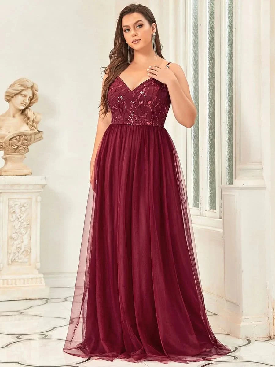 Größe Nach Maß Atemberaubendes Spaghetti-Träger V-Ausschnitt besticktes bodenlanges Abendkleid 50090
