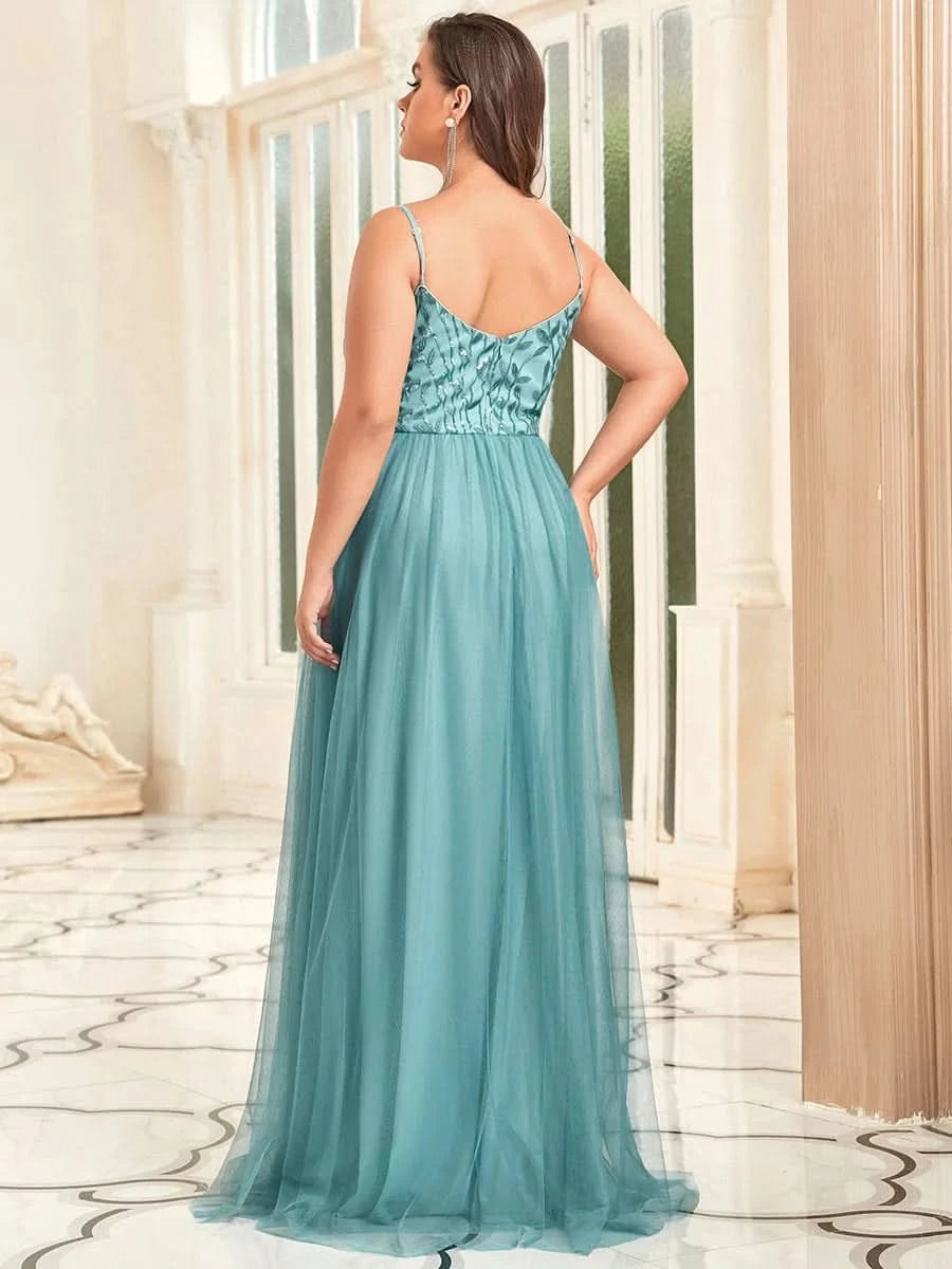 Größe Nach Maß Atemberaubendes Spaghetti-Träger V-Ausschnitt besticktes bodenlanges Abendkleid 50090
