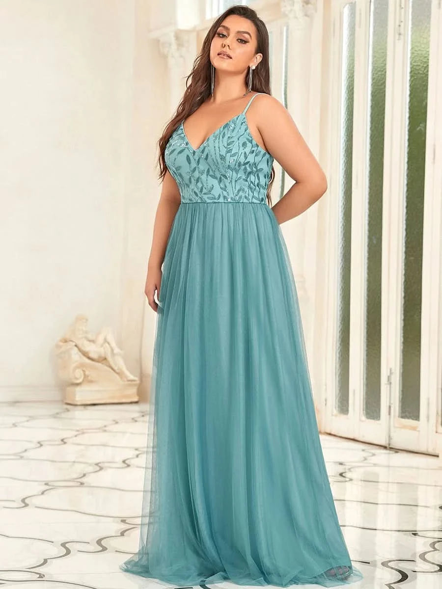 Größe Nach Maß Atemberaubendes Spaghetti-Träger V-Ausschnitt besticktes bodenlanges Abendkleid 50090