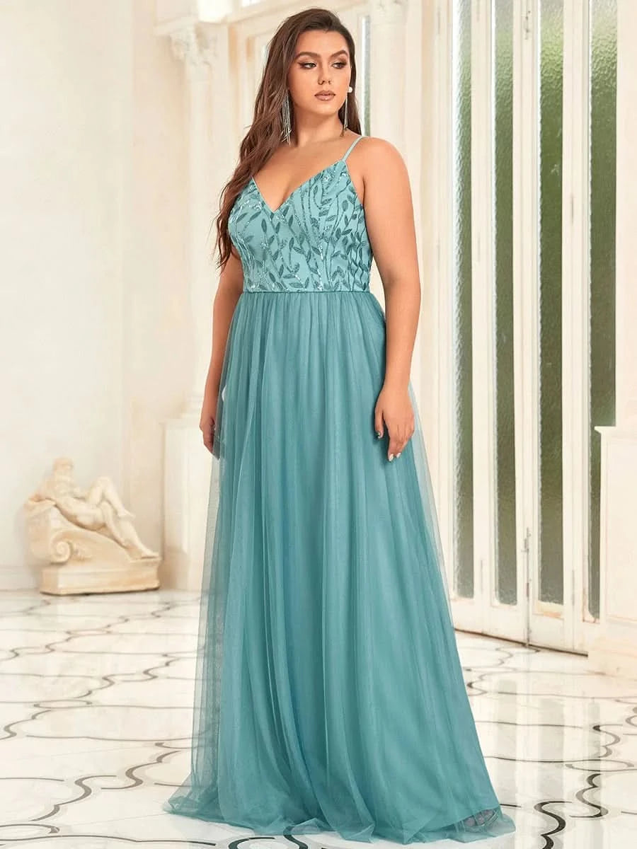 Größe Nach Maß Atemberaubendes Spaghetti-Träger V-Ausschnitt besticktes bodenlanges Abendkleid 50090