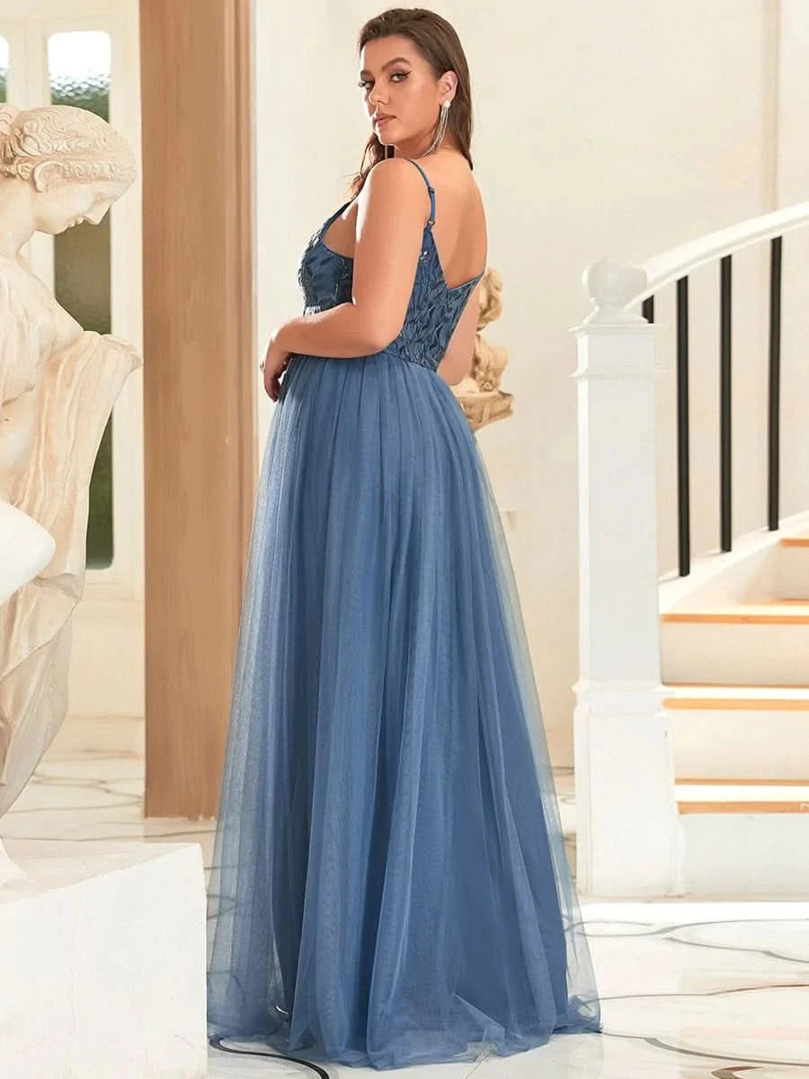Größe Nach Maß Atemberaubendes Spaghetti-Träger V-Ausschnitt besticktes bodenlanges Abendkleid 50090