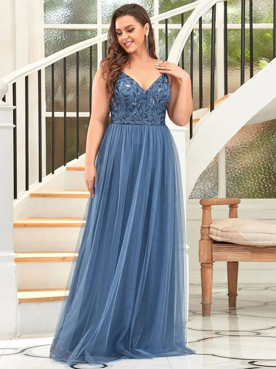 Größe Nach Maß Atemberaubendes Spaghetti-Träger V-Ausschnitt besticktes bodenlanges Abendkleid 50090