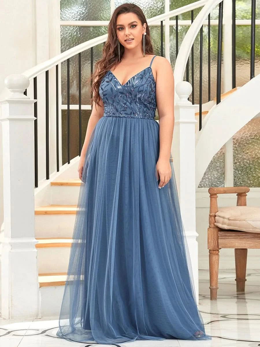 Größe Nach Maß Atemberaubendes Spaghetti-Träger V-Ausschnitt besticktes bodenlanges Abendkleid 50090