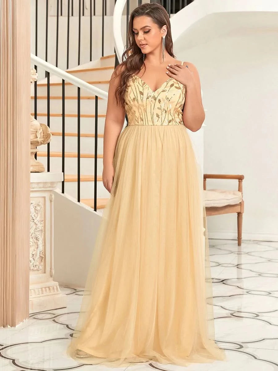 Größe Nach Maß Atemberaubendes Spaghetti-Träger V-Ausschnitt besticktes bodenlanges Abendkleid 50090