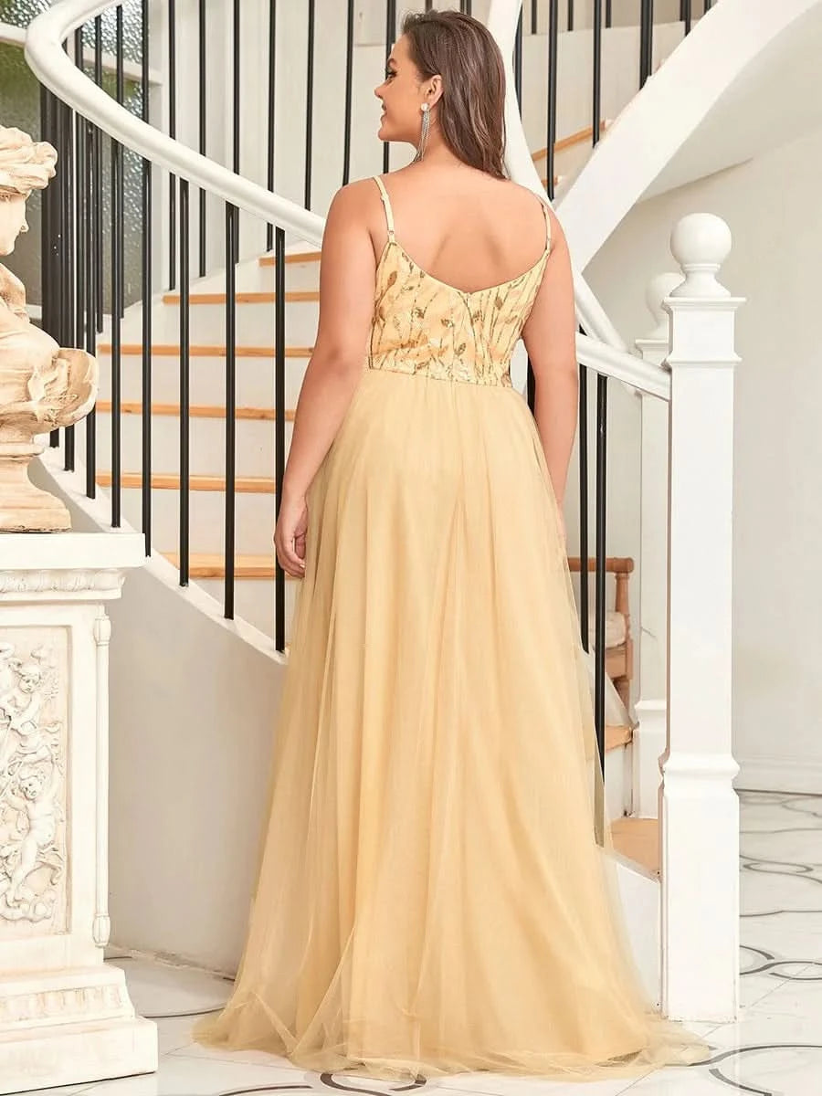 Größe Nach Maß Atemberaubendes Spaghetti-Träger V-Ausschnitt besticktes bodenlanges Abendkleid 50090
