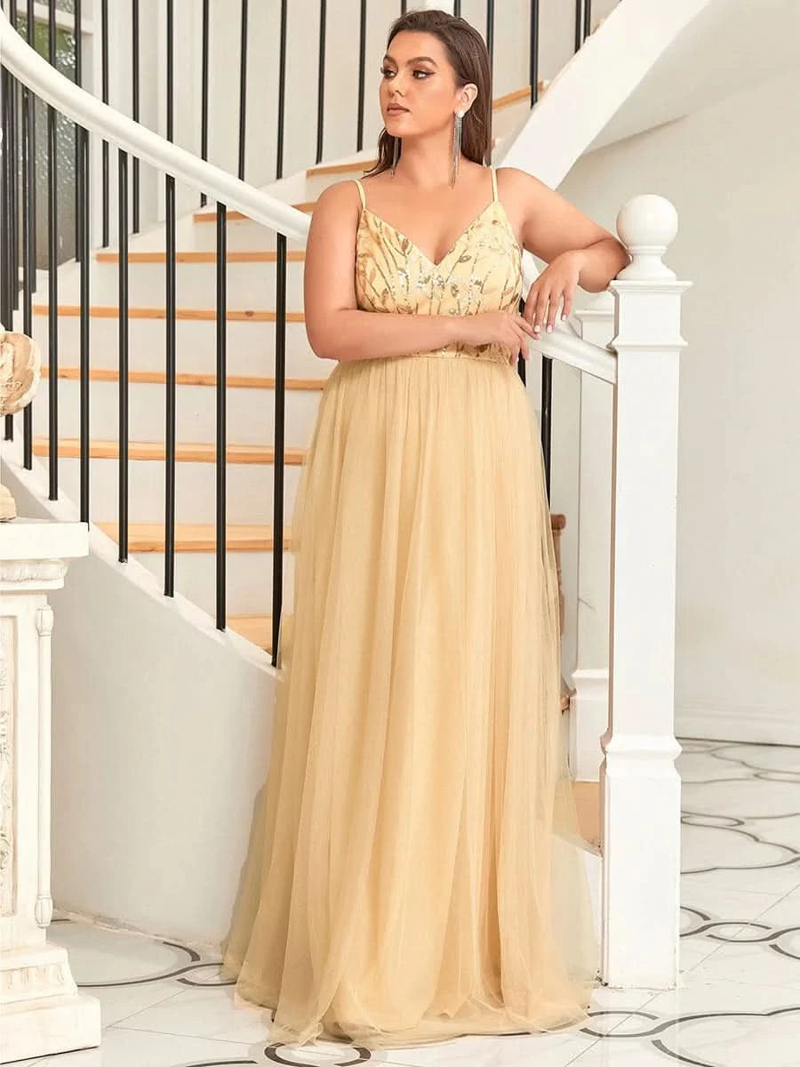 Größe Nach Maß Atemberaubendes Spaghetti-Träger V-Ausschnitt besticktes bodenlanges Abendkleid 50090