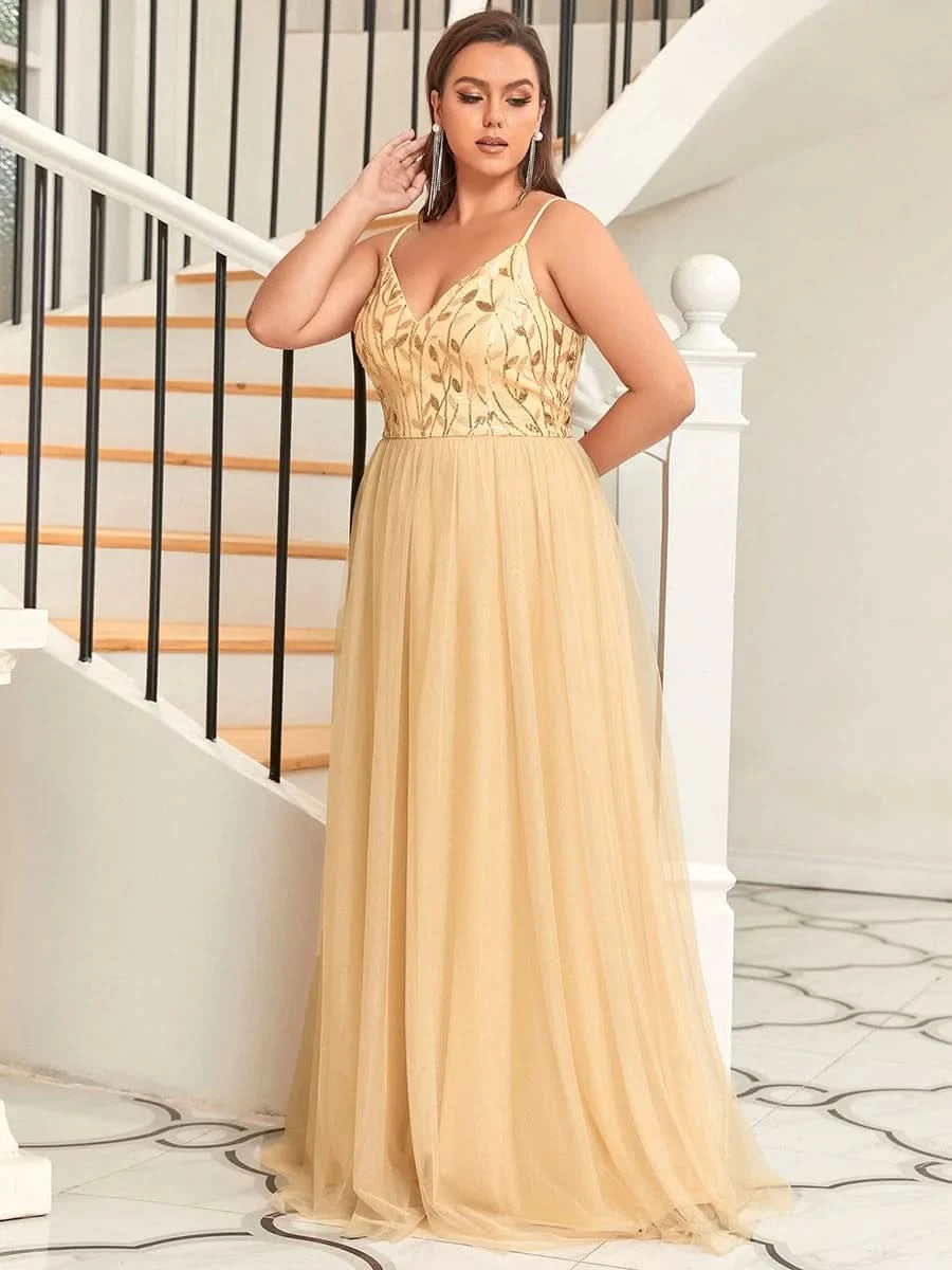Größe Nach Maß Atemberaubendes Spaghetti-Träger V-Ausschnitt besticktes bodenlanges Abendkleid 50090
