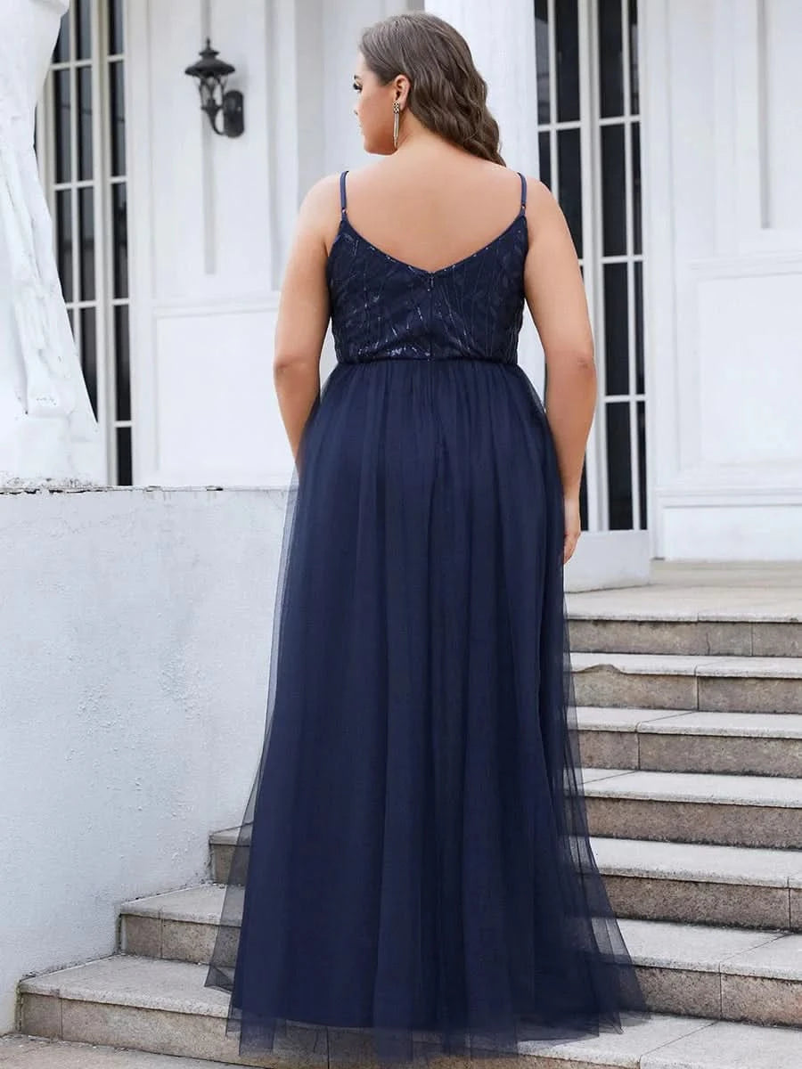 Größe Nach Maß Atemberaubendes Spaghetti-Träger V-Ausschnitt besticktes bodenlanges Abendkleid 50090