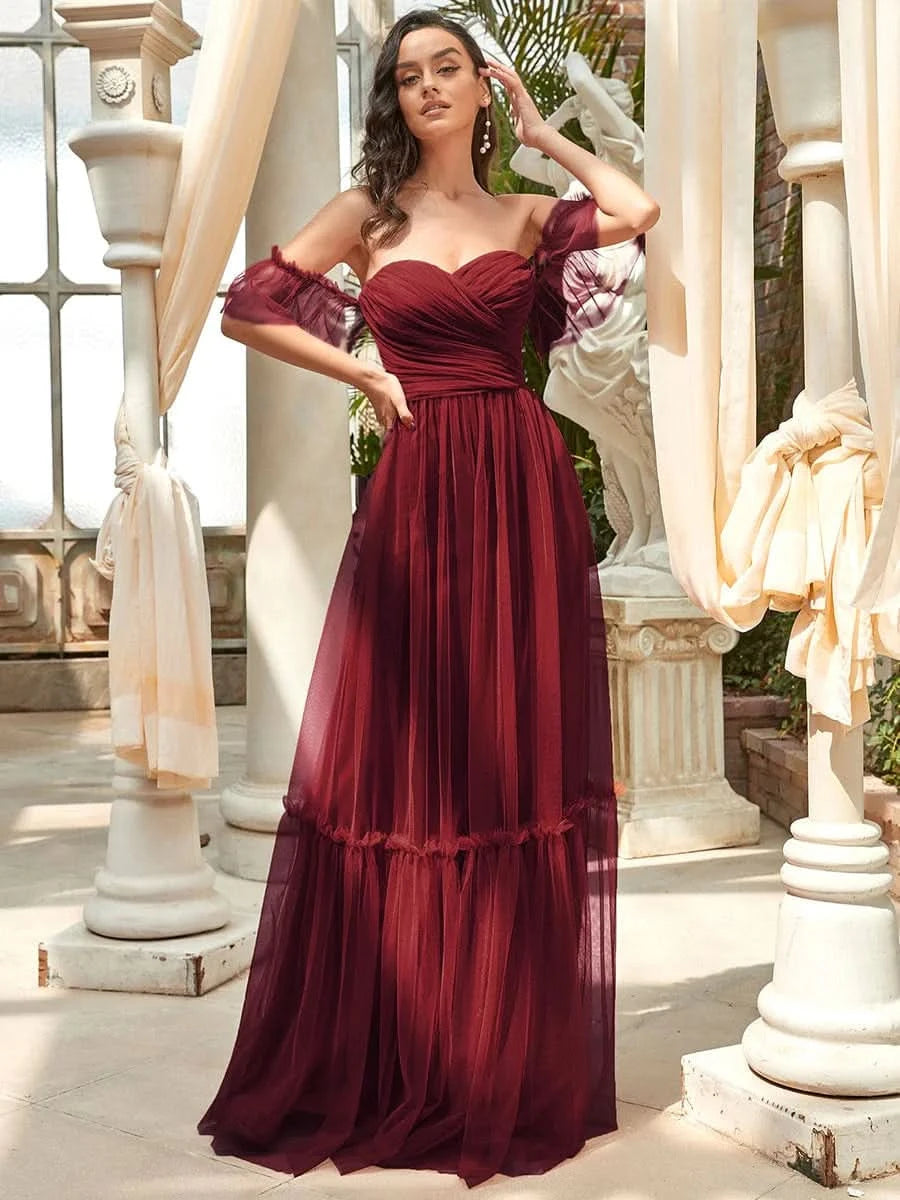 Größe Nach Maß Schulterfreies plissiertes Tüll-Abendkleid mit Herzausschnitt 50126