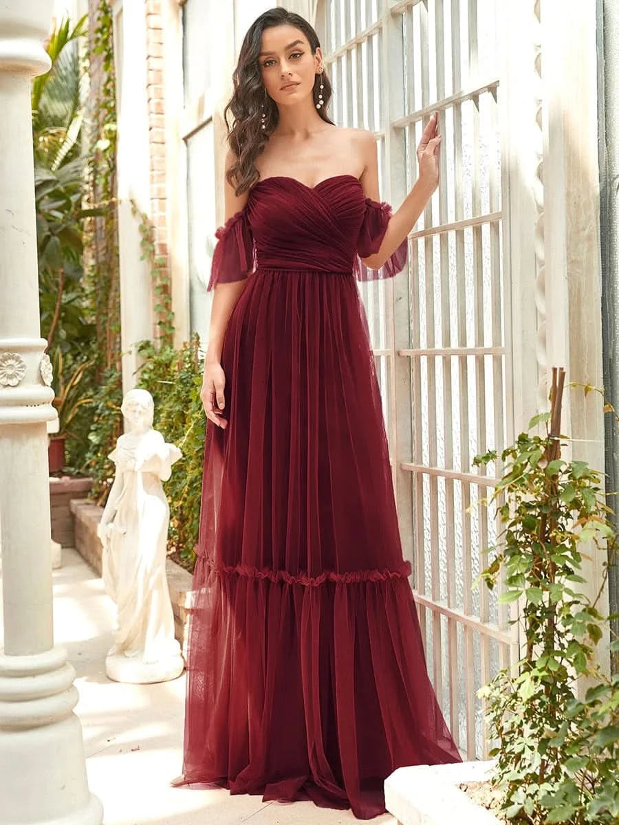 Größe Nach Maß Schulterfreies plissiertes Tüll-Abendkleid mit Herzausschnitt 50126