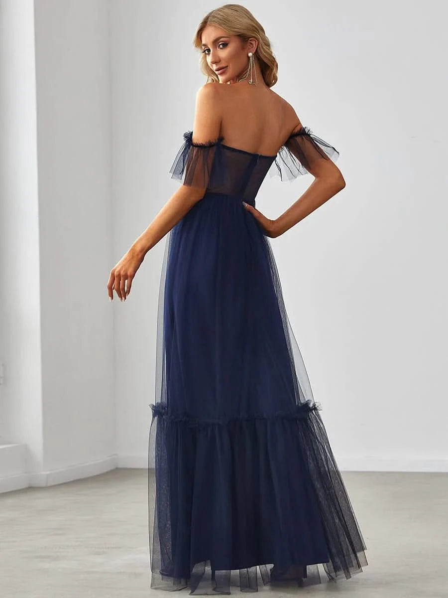 Größe Nach Maß Schulterfreies plissiertes Tüll-Abendkleid mit Herzausschnitt 50126