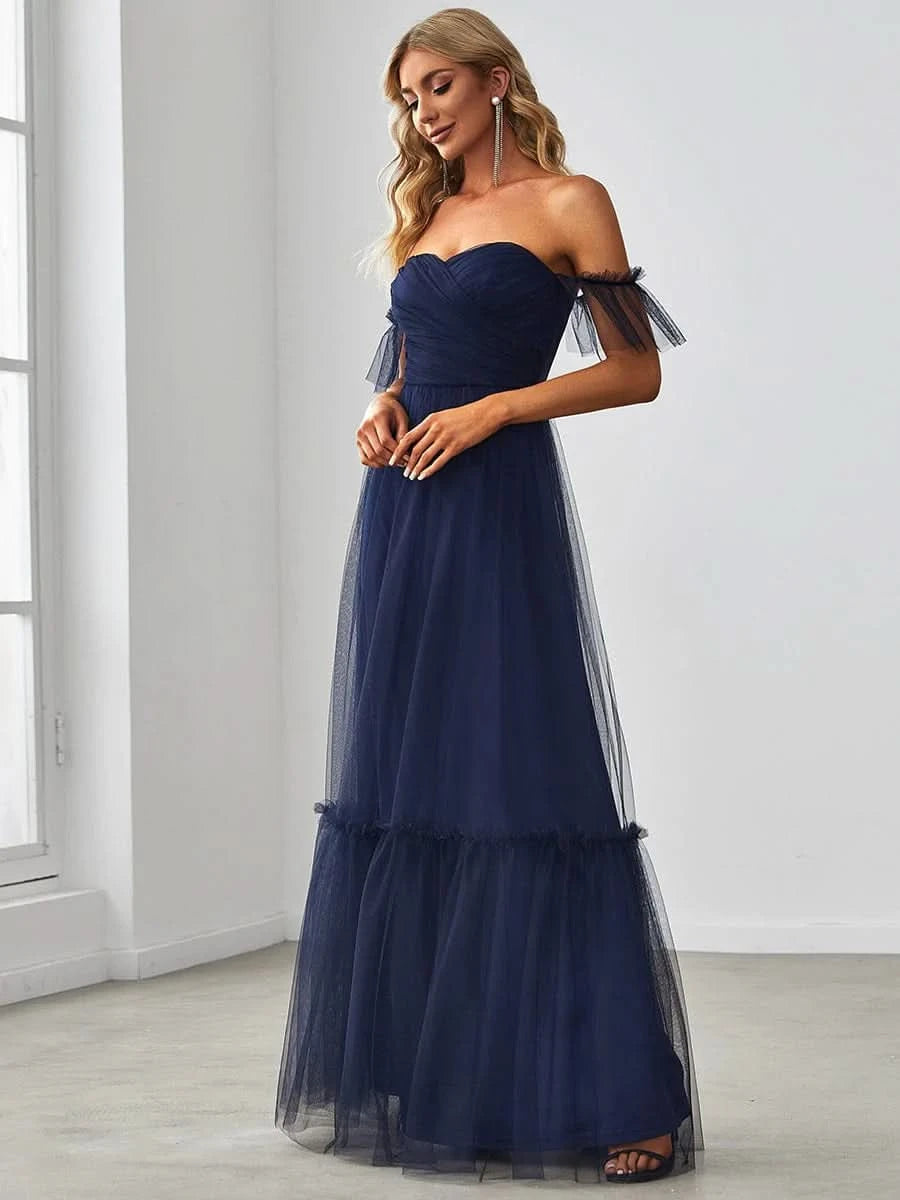 Größe Nach Maß Schulterfreies plissiertes Tüll-Abendkleid mit Herzausschnitt 50126