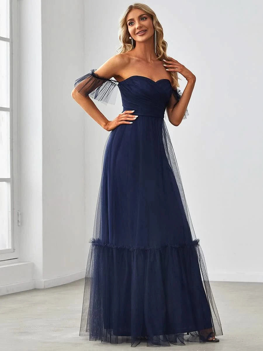 Größe Nach Maß Schulterfreies plissiertes Tüll-Abendkleid mit Herzausschnitt 50126