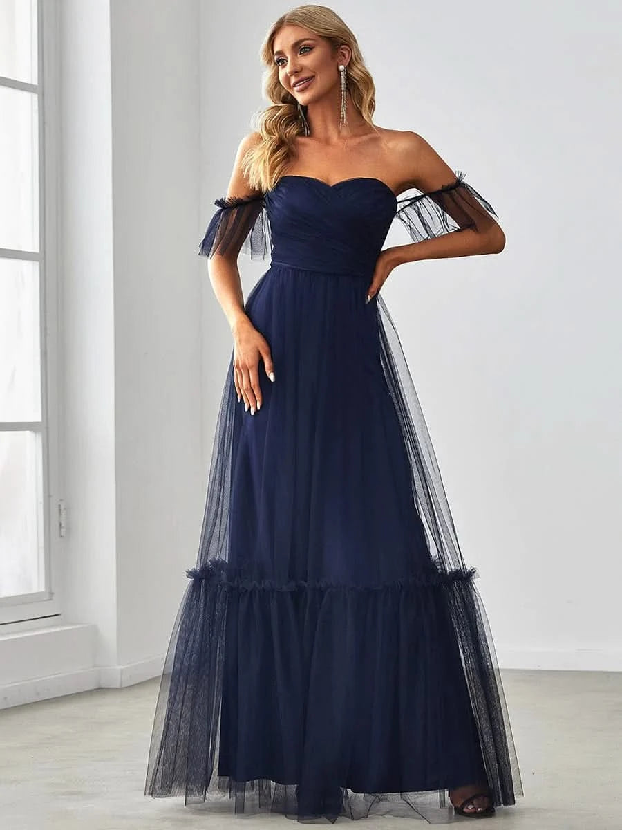 Größe Nach Maß Schulterfreies plissiertes Tüll-Abendkleid mit Herzausschnitt 50126