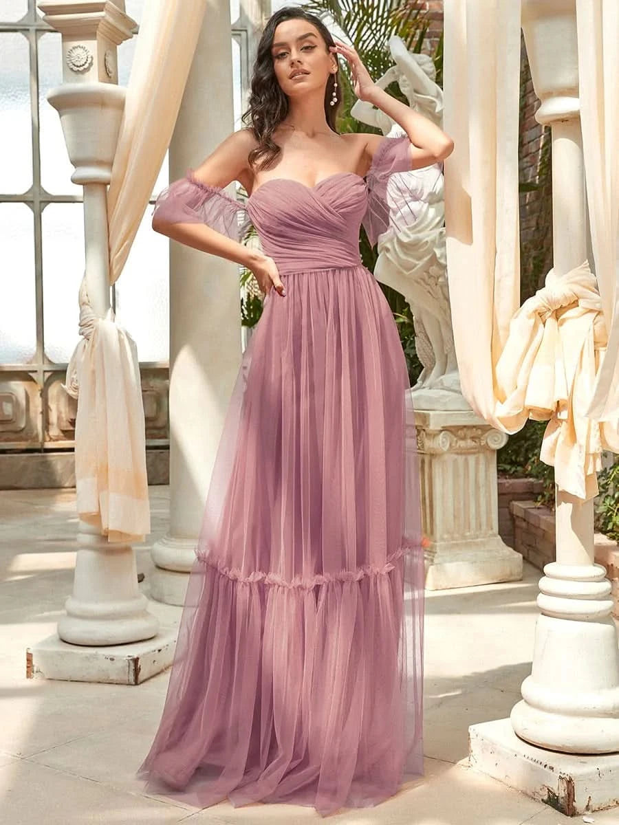 Größe Nach Maß Schulterfreies plissiertes Tüll-Abendkleid mit Herzausschnitt 50126
