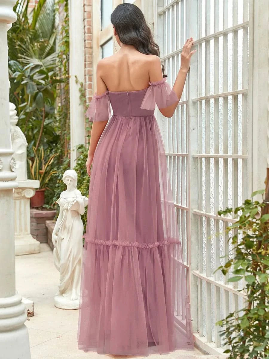 Größe Nach Maß Schulterfreies plissiertes Tüll-Abendkleid mit Herzausschnitt 50126