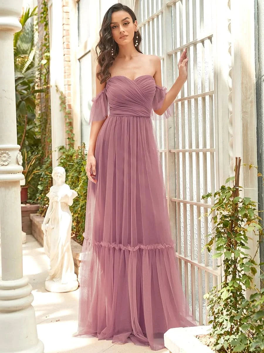 Größe Nach Maß Schulterfreies plissiertes Tüll-Abendkleid mit Herzausschnitt 50126